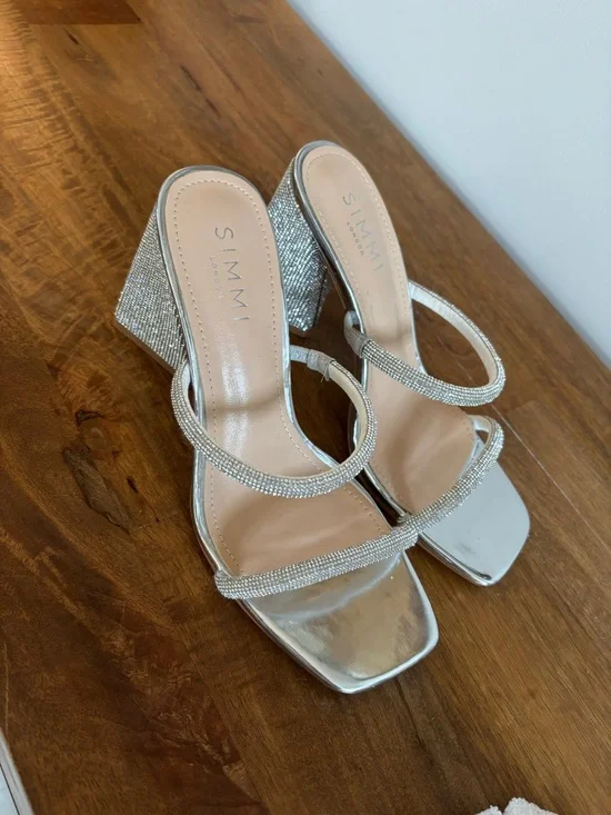 Silver Rhinestone Block Heel Sandals - Picture 2 of 3